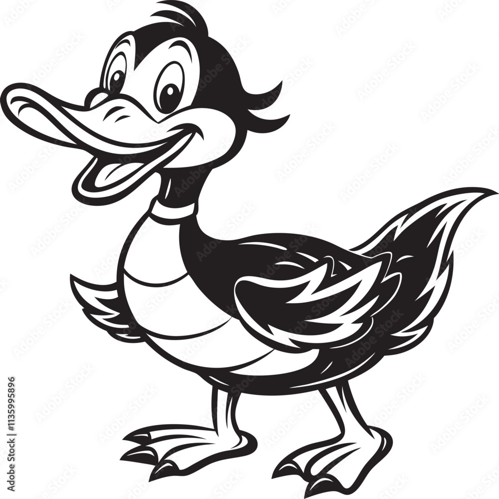 Fototapeta premium vibrant vector illustration of a lively cartoon duck, standing on one leg with an animated expression 