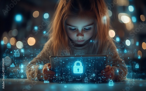 Little child with tablet, watching glowing padlock, safe digital space, secure internet symbols, bright futuristic design, serene atmosphere, highdefinition photo