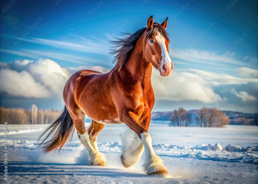 Obraz premium Quebec's winter wonderland frames a regal Clydesdale portrait; snow dusts its thick coat.