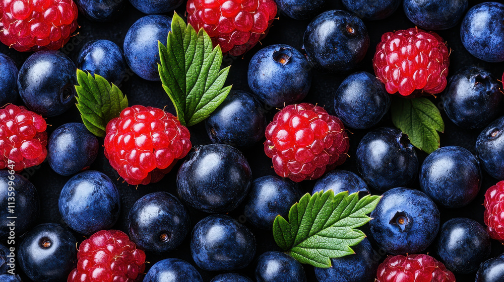 Harvesting organic yields efficiently Concept. Fresh blueberries and raspberries with green leaves Harvesting organic yields efficiently Concept. Fresh blueberries and raspberries with green leaves