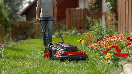 A peaceful gardening moment with a man in jeans and a t-shirt mowing an unruly lawn with a compact electric mower, freshly trimmed grass in the foreground, photo