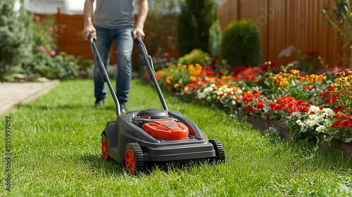 A peaceful gardening moment with a man in jeans and a t-shirt mowing an unruly lawn with a compact electric mower, freshly trimmed grass in the foreground, photo