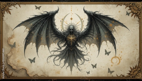 Angelic Dark Figure With Large Wings In A Golden Frame