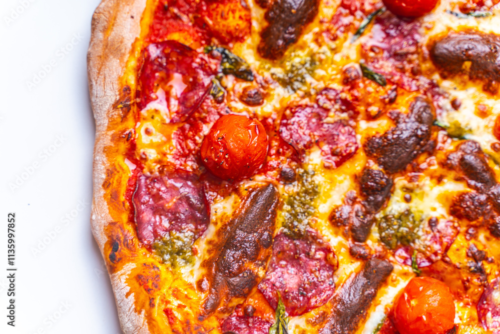 Homemade freshly baked pepperoni pizza on a white background. Close-up, chosen focus.