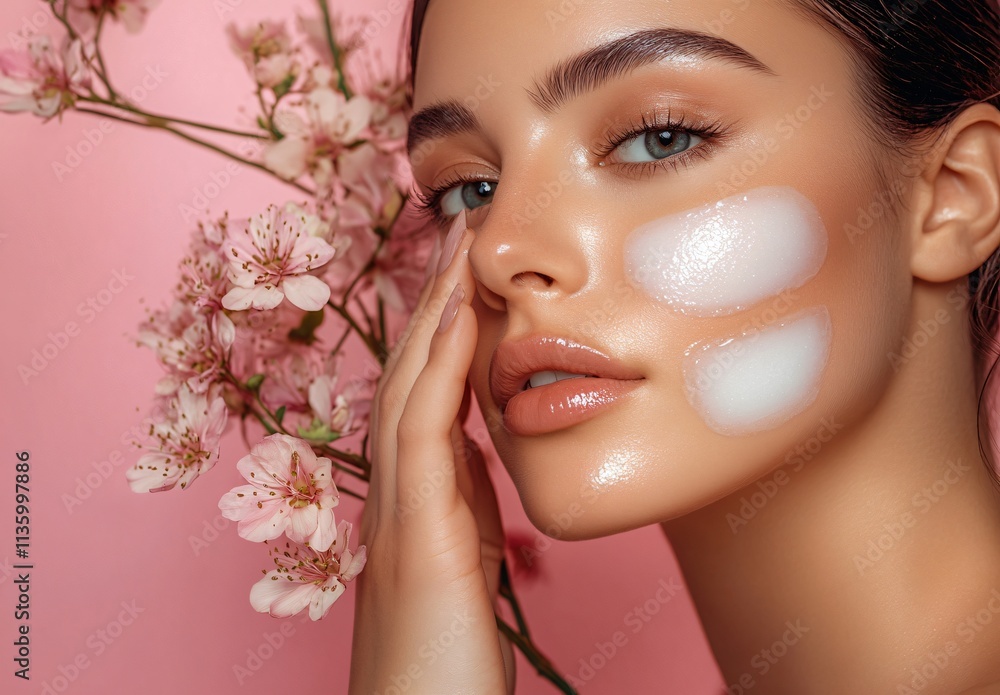 Beautiful Woman Face Skincare Cream Mask Pink Flowers Beautiful Woman Face Skincare Cream Mask Pink Flowers