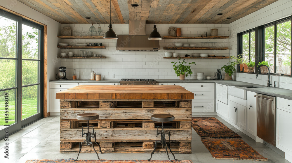 Rustic kitchen with pallet island and wooden ceiling accents Rustic kitchen with pallet island and wooden ceiling accents