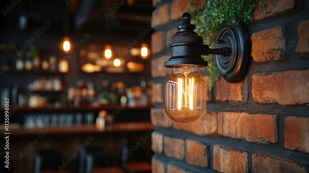 Fototapeta premium Industrial style wall light on brick wall in cozy cafe setting