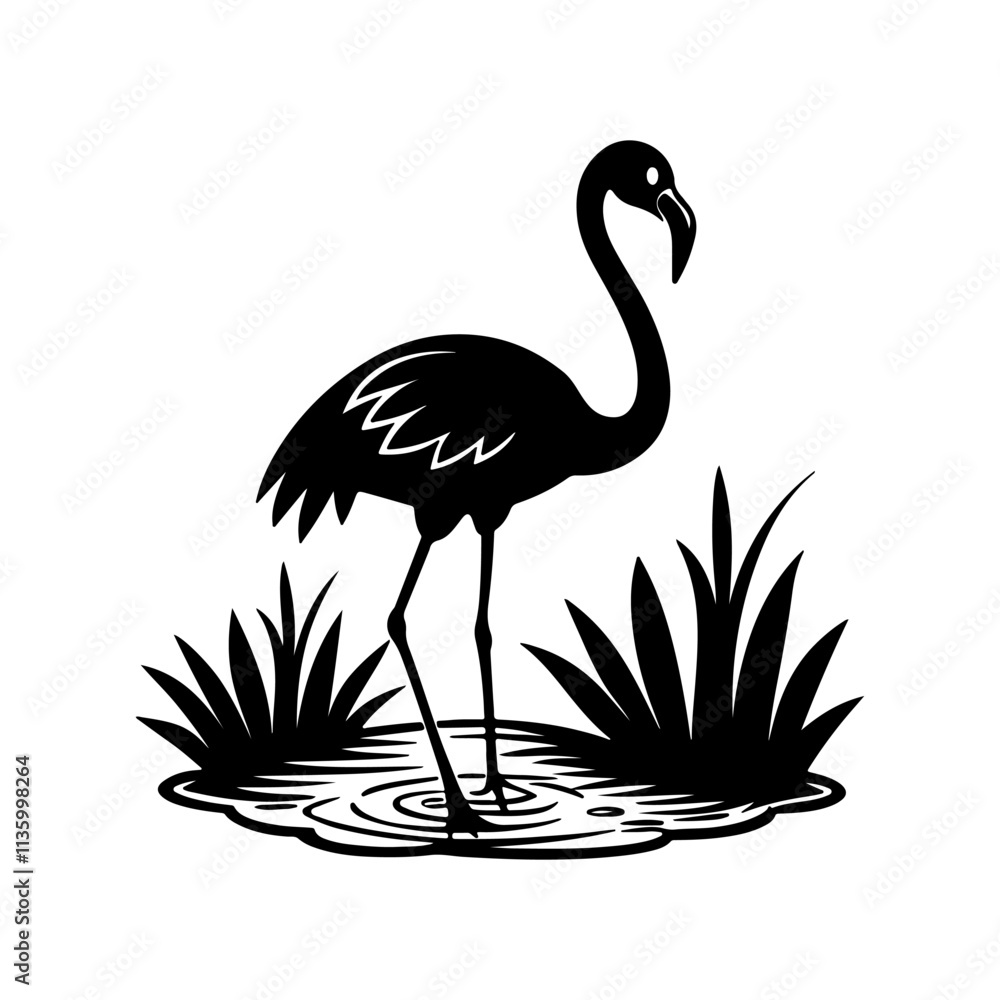Fototapeta premium flamingo standing in a pond silhouette, black and white silhouette, vector and illustration