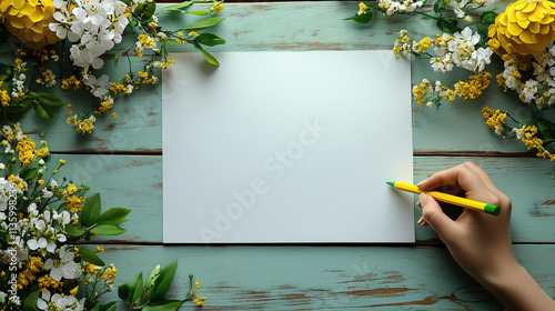  Top view stock photo mockup of a woman's right hand writing with a green pencil on a tilted A4 white paper, white table with spring flowers and decorations in upper left corner, fresh style, space fo photo