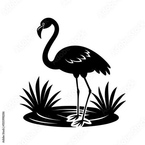 flamingo standing in a pond silhouette, black and white silhouette, vector and illustration photo