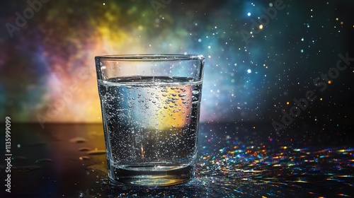 Sparkling water in a glass on a dark surface with a colorful background.