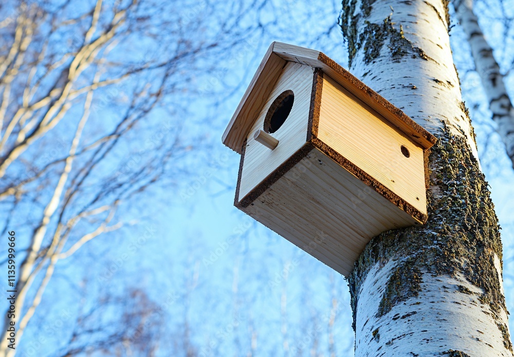 Naklejka premium Wooden Birdhouse on Birch Tree Winter Scene