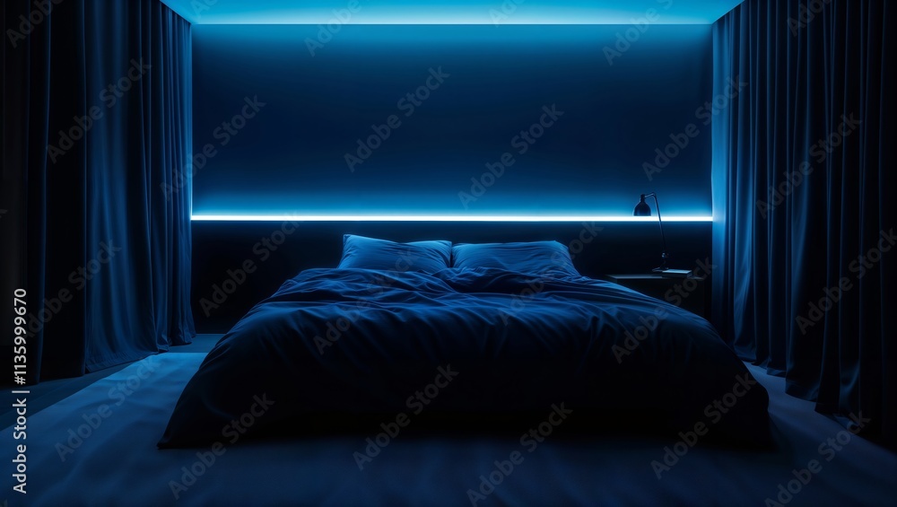 Blue LED Bedroom Aesthetic. Contemporary bedroom with dramatic blue LED strip lighting and flowing curtains creating moody atmosphere.