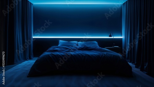 Obraz na płótnie Blue LED Bedroom Aesthetic. Contemporary bedroom with dramatic blue LED strip lighting and flowing curtains creating moody atmosphere. w salonie