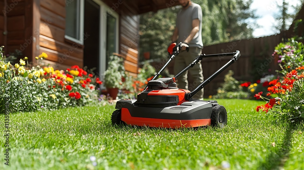 A backyard landscaping scene with a man precisely trimming an overgrown lawn using a cordless mower, vibrant greenery and colorful flowers surrounding the space, A backyard landscaping scene with a man precisely trimming an overgrown lawn using a cordless mower, vibrant greenery and colorful flowers surrounding the space,