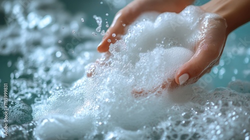 Hands gently create a frothy texture in warm water, evoking tranquility and self-care