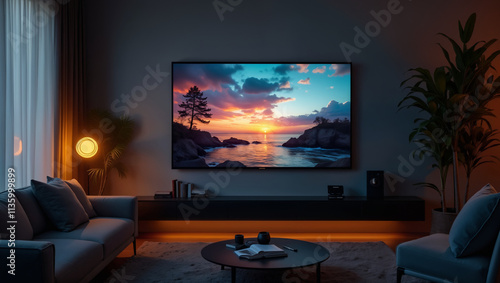Cozy Living Room with Sunset View on Television