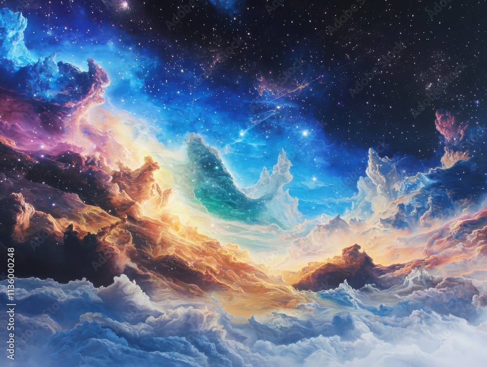 Naklejka premium Exploring the vibrant cosmic landscape of colorful star clusters and glowing gas clouds in the depths of space