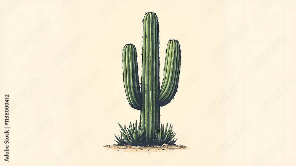 A minimalist cactus illustration with soft muted green tones and fine black outlines, set on a light cream background, simple and elegant, hd quality. --ar 16:9 A minimalist cactus illustration with soft muted green tones and fine black outlines, set on a light cream background, simple and elegant, hd quality. --ar 16:9