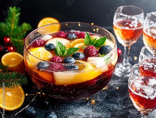 Festive fruit punch bowl celebration party table food and drink dark background vibrant atmosphere photo