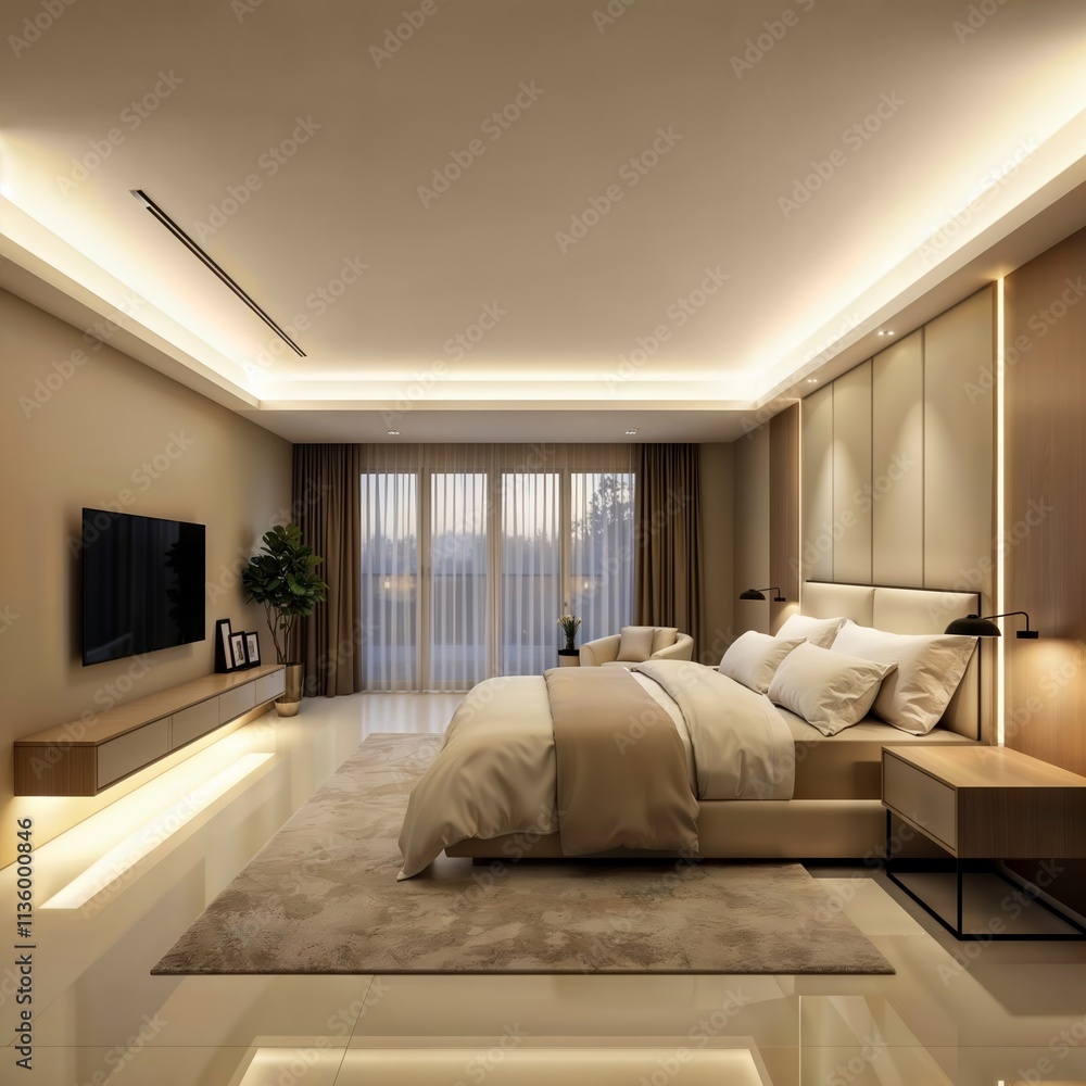 Modern Bedroom Lighting. Contemporary bedroom with LED cove lighting, floating TV console, and floor-to-ceiling windows.