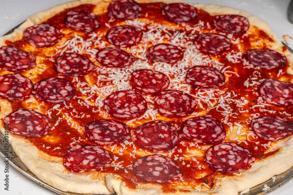Homemade freshly baked pepperoni pizza on a white background. Close-up, chosen focus. Homemade freshly baked pepperoni pizza on a white background. Close-up, chosen focus.