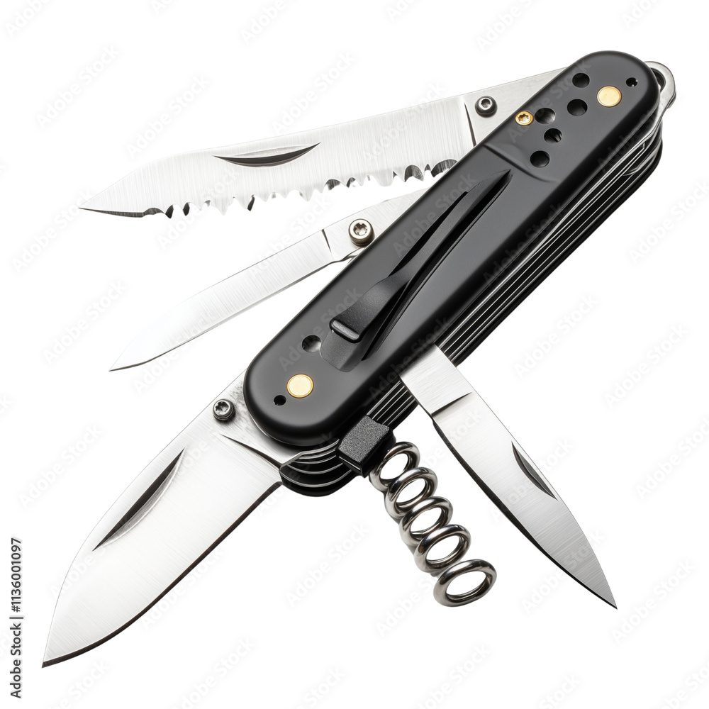 Versatile multi-tool knife with multiple blades on a transparent background Versatile multi-tool knife with multiple blades on a transparent background