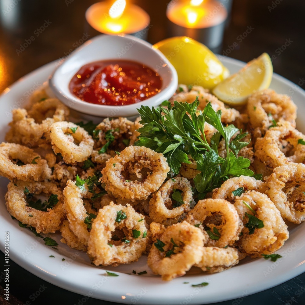 A plate of crispy fried calamari served with marinara sauce and lemon wedges, Calamari plate centered, Warm candlelight accentuating its golden-brown crust A plate of crispy fried calamari served with marinara sauce and lemon wedges, Calamari plate centered, Warm candlelight accentuating its golden-brown crust