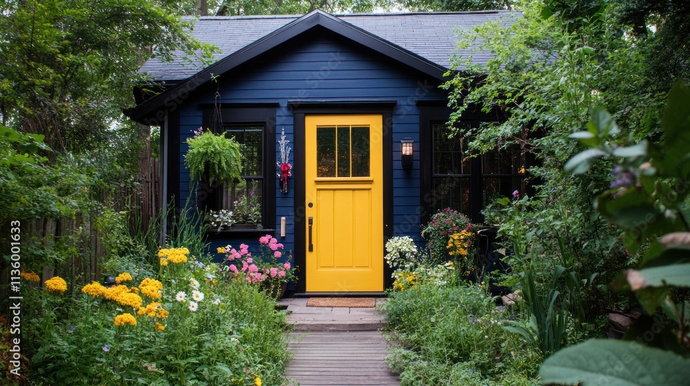 Cozy blue tiny house with vibrant yellow door. Cozy blue tiny house with vibrant yellow door.