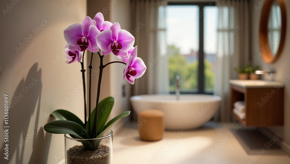 Elegant Orchid in Modern Bathroom Setting Elegant Orchid in Modern Bathroom Setting