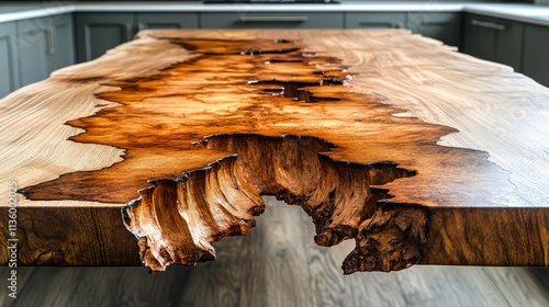 A stunning wooden table with rich textures and unique patterns graces a modern kitchen photo