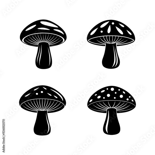 set of mushroom silhouette, black and white silhouette, vector and illustration