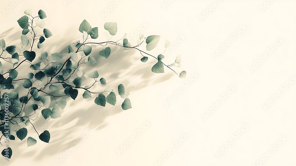 Fototapeta premium A minimalist rendering of ivy leaves in thin black lines, paired with abstract shadow effects in muted mint green and beige tones, clean white background, hd quality, airy and elegant design.