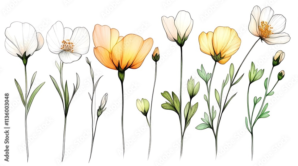 custom made wallpaper toronto digitalA progression of wildflower blooms, from closed bud to fully open, drawn in minimalist black line art with faint pastel yellow and green highlights, clean white background, hd quality. --ar 16:9