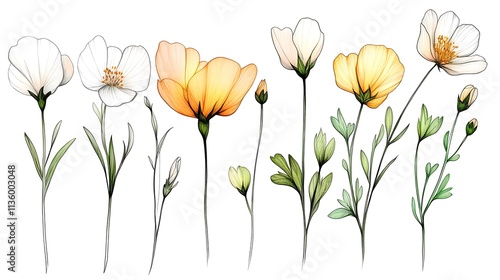 Wallpaper Mural A progression of wildflower blooms, from closed bud to fully open, drawn in minimalist black line art with faint pastel yellow and green highlights, clean white background, hd quality. --ar 16:9 Torontodigital.ca