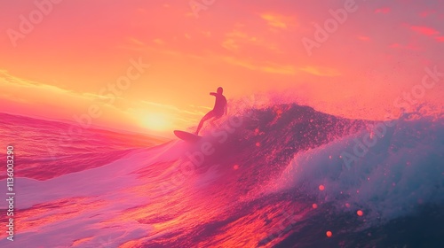 Surfer riding a wave at sunset. (1)