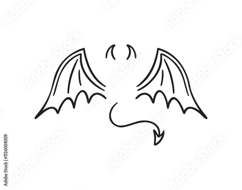 demon wings, sharp tail and horns doodle hand drawn icon set. Outline drawing demon wings, sharp tail and horns line clipart symbol collection