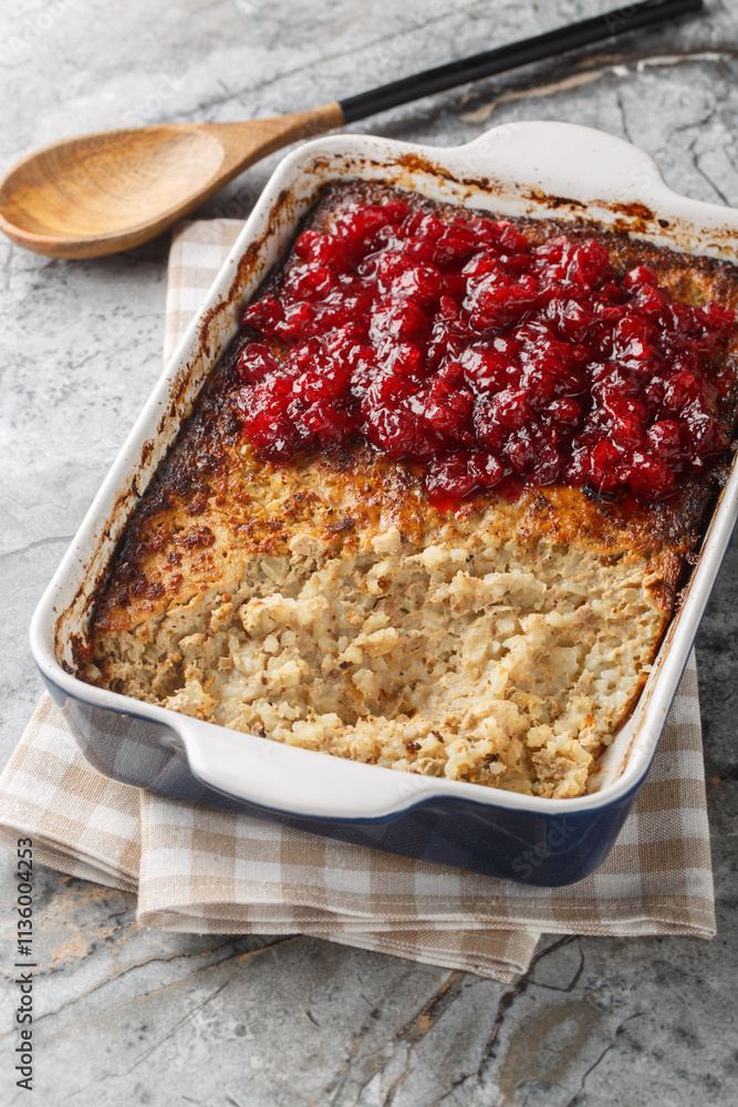 Finnish casserole Maksalaatikko made of Rice and liver with Cranberry sauce closeup on the baking dish on the table. Vertical Finnish casserole Maksalaatikko made of Rice and liver with Cranberry sauce closeup on the baking dish on the table. Vertical