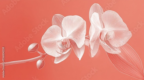 A single orchid flower rendered in monochrome white line art, set against a soft pastel coral background, minimalistic yet striking composition, hd quality, clean and contemporary style. --ar 16:9