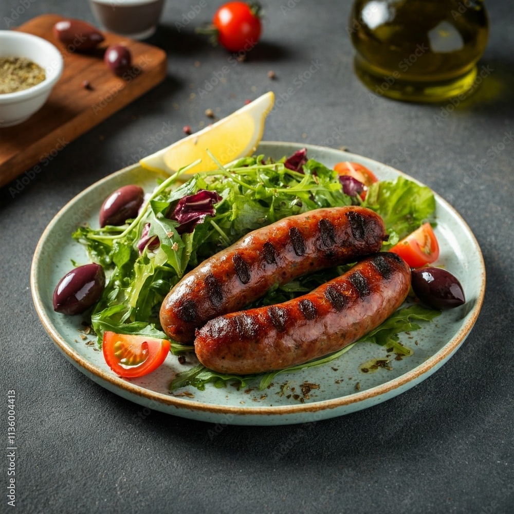 A vibrant serving of Loukaniko sausages with fresh salad greens, Kalamata olives, cherry tomatoes, and lemon wedges, capturing the balance of smoky richness and refreshing Mediterranean flavors A vibrant serving of Loukaniko sausages with fresh salad greens, Kalamata olives, cherry tomatoes, and lemon wedges, capturing the balance of smoky richness and refreshing Mediterranean flavors