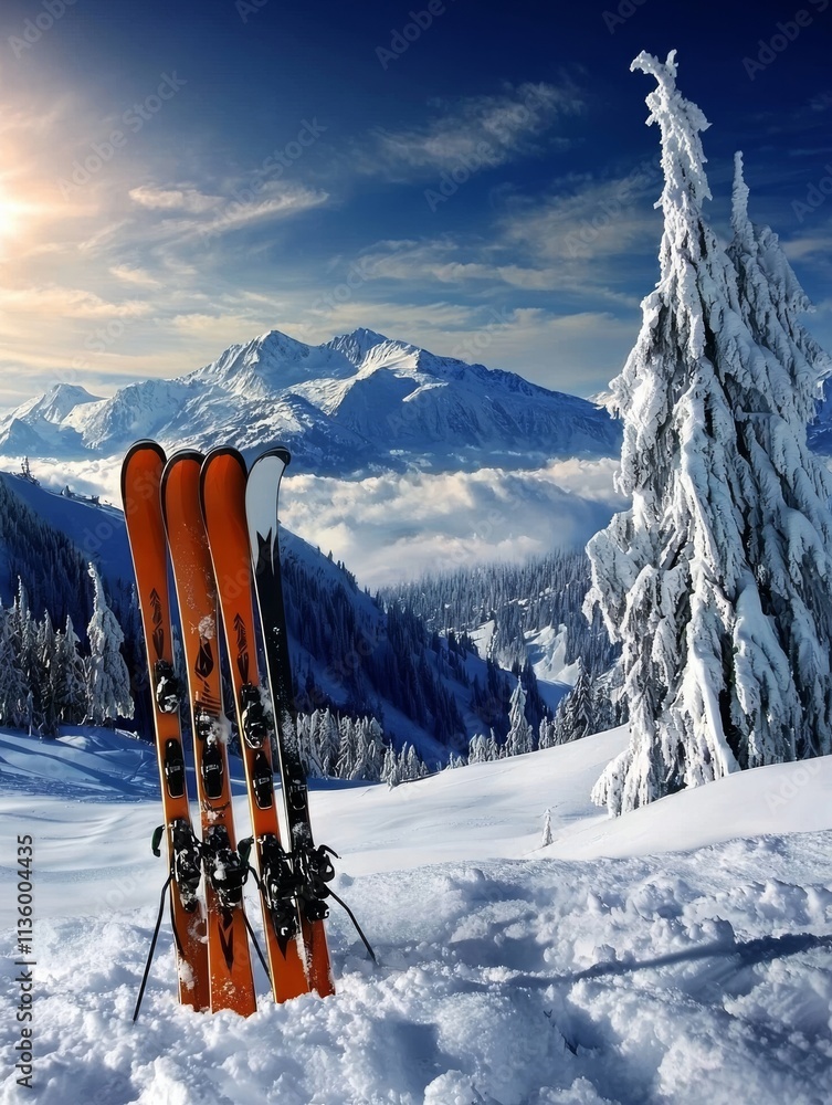 Fototapeta premium Scenic winter landscape with orange skis leaning against a snowy tree, surrounded by majestic mountains under a bright sky.