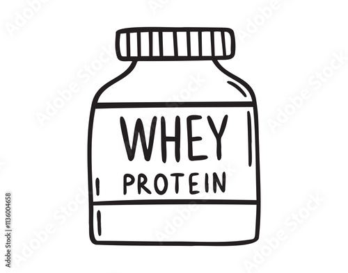 whey protein bottle doodle hand drawn icon set. Outline drawing protein packaging line clipart symbol collection