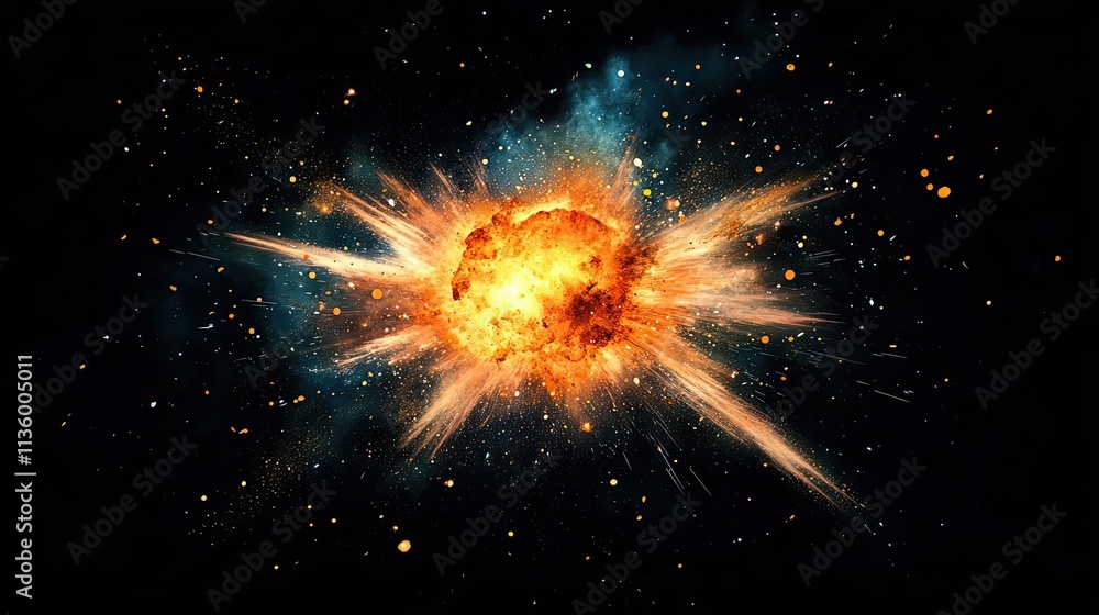 Fototapeta premium Fiery Explosion In Dark Space Showing Glowing Debris