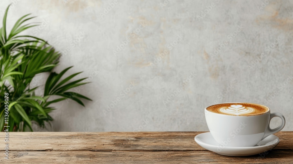 Cozy Cafe Scene with a Cup of Latte Art on Rustic Wooden Table Cozy Cafe Scene with a Cup of Latte Art on Rustic Wooden Table
