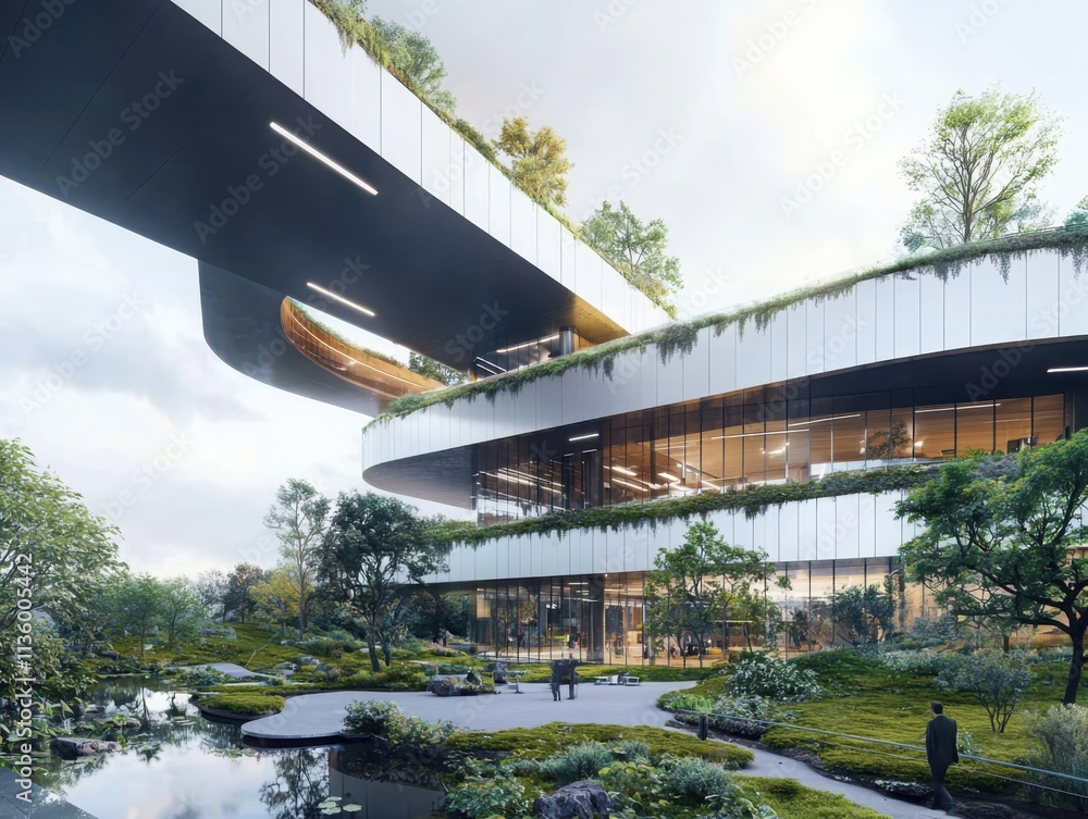 Innovative tech headquarters urban setting architectural design green integration aerial view futuristic work environment Innovative tech headquarters urban setting architectural design green integration aerial view futuristic work environment