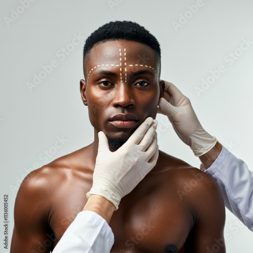 A portrait of a man standing with bare skin, his face being touched by doctors in white gloves, preparing him for plastic surgery procedures, studio shot, isolated on a white background.