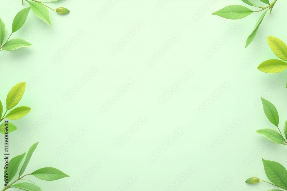 Spring banner, greeting card. Soft, refreshing design with a pastel green background. Adorn the edges with delicate, semi-transparent green leaves, creating an airy and natural frame Spring banner, greeting card. Soft, refreshing design with a pastel green background. Adorn the edges with delicate, semi-transparent green leaves, creating an airy and natural frame