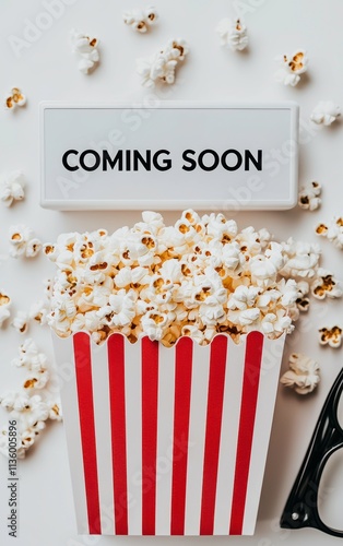 Popcorn in Red Striped Box with Coming Soon Sign for Cinema Theme photo