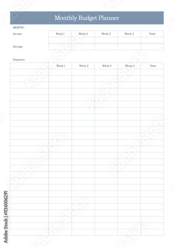 Clean and simple monthly budget planner with a basic, simple and professional designs. Ideal for individuals seeking to enhance their budgeting skills and financial literacy. User-friendly layout.
