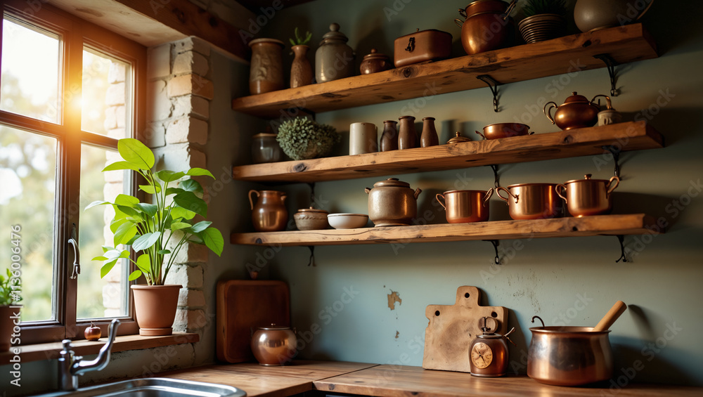 Rustic Kitchen Shelves with Copper Pots and Plants Rustic Kitchen Shelves with Copper Pots and Plants